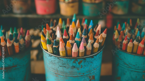 Wallpaper Mural A collection of sharpened colored pencils arranged in old, weathered blue cans, evoking creativity and rustic charm. Torontodigital.ca