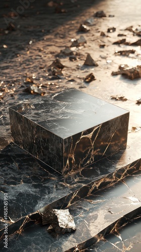 Black marble podium display on stone surface