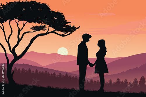 Romantic Silhouette Landscape of a Couple at Sunset, Love and Nature Scene, Twilight Romance on Hill