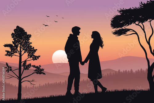 Romantic Silhouette Landscape of a Couple at Sunset, Love and Nature Scene, Twilight Romance on Hill