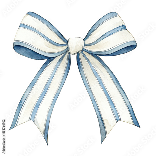 A blue and white striped ribbon bow with elegant, flowing loops and tails.