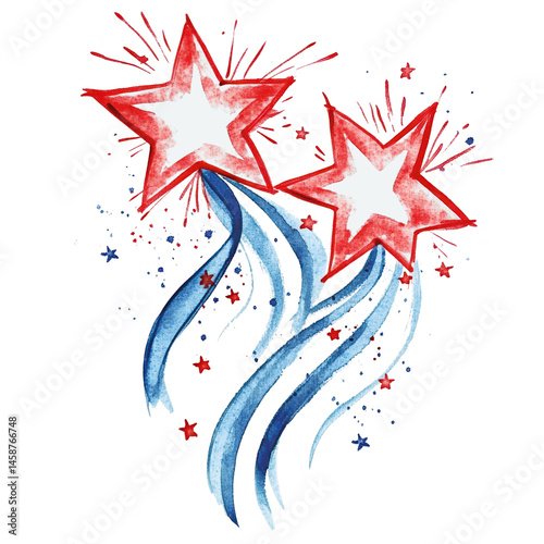 Two red stars with blue and white ribbons and sparkles, symbolizing celebration and festivity.
