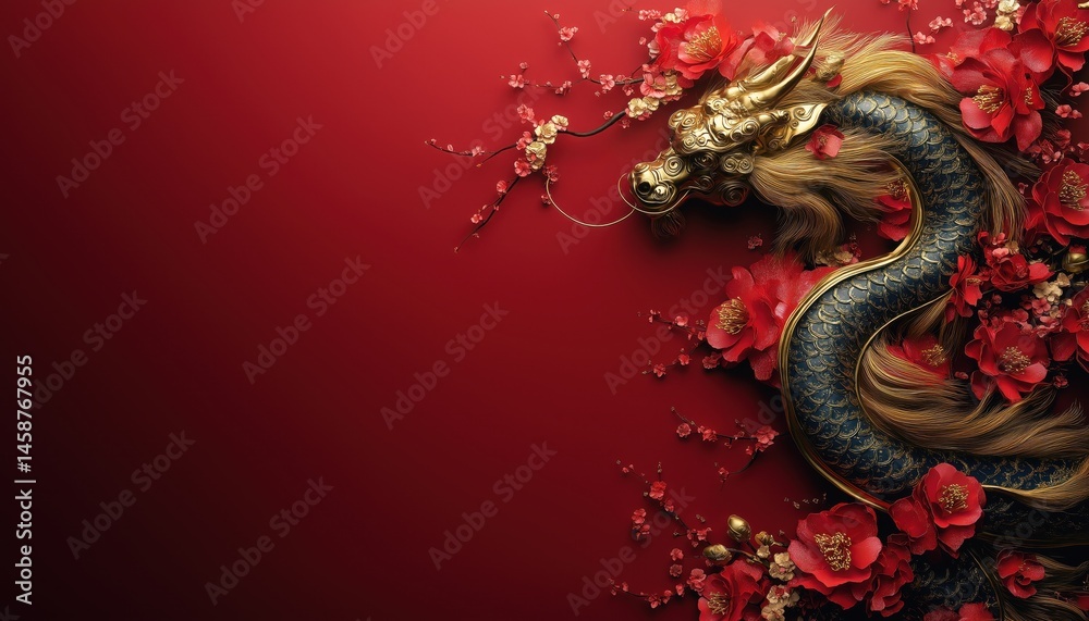Fototapeta premium Golden Dragon with Red Flowers - Lunar New Year 2006 Background