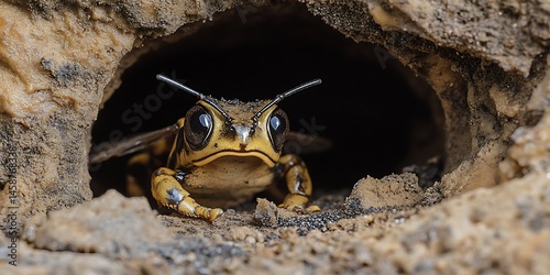 A yellow wasp-like frog emerges from its burrow, blending both amphibians and insects in one creature