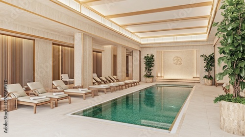Luxurious indoor pool area with sunbathing lounge
