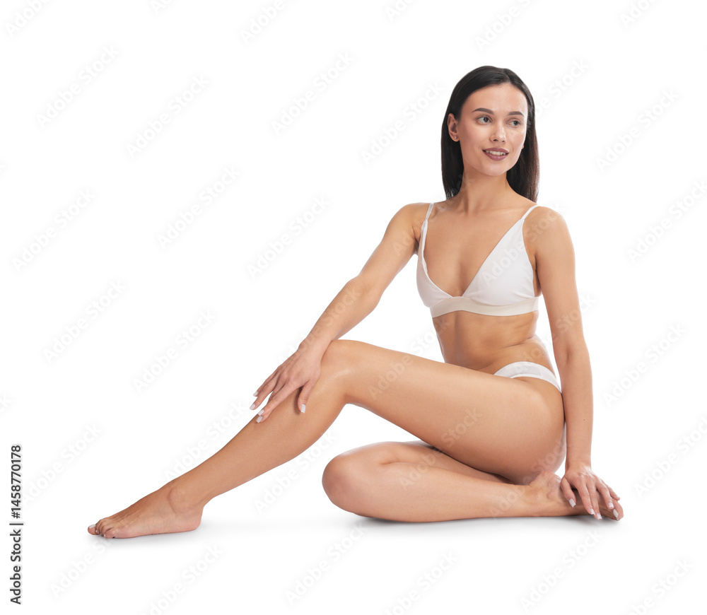Woman with smooth skin after epilation procedure on white background Woman with smooth skin after epilation procedure on white background