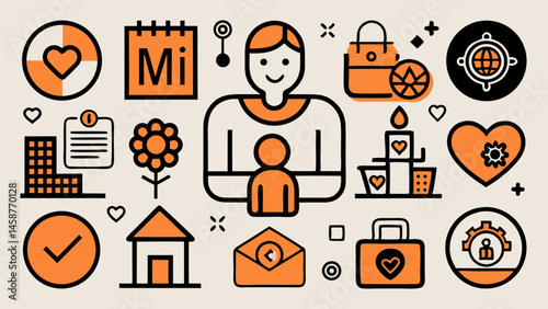 Caring for family community global well being orange icons minimalist style
