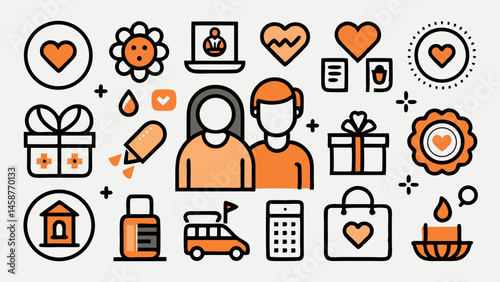 Celebrate love happiness and togetherness with these heartwarming icons Orange and black line art