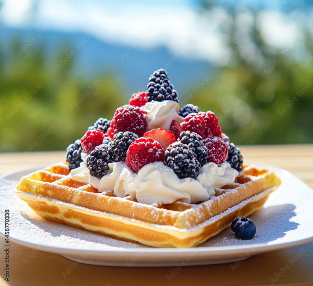 A square waffle with cream and various berries on top. On the table are some more blueberries and raspberries,placed on outdoor, Food photography, delicious.