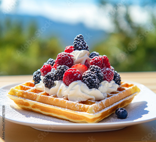 Obraz na płótnie A square waffle with cream and various berries on top. On the table are some more blueberries and raspberries,placed on outdoor, Food photography, delicious. w salonie