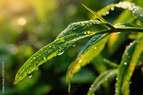 Close up of fresh green leaf with water droplets in natural light