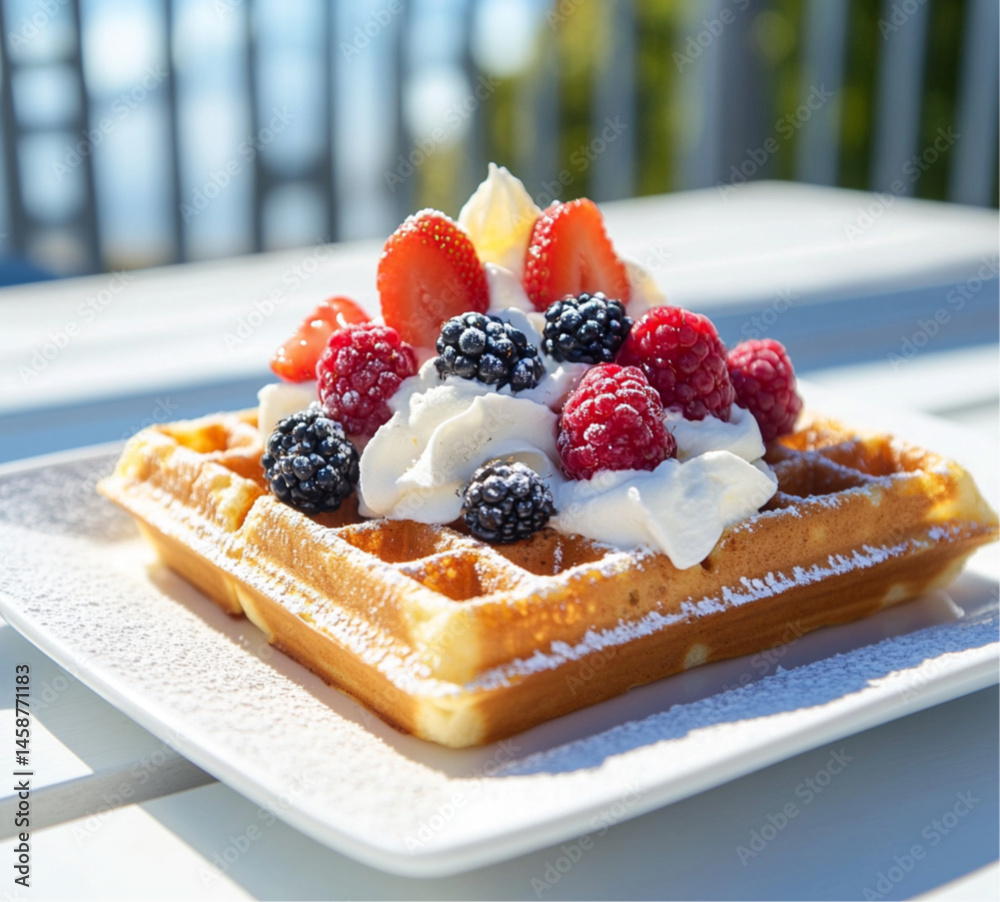 A square waffle with cream and various berries on top. On the table are some more blueberries and raspberries,placed on outdoor, Food photography, delicious.