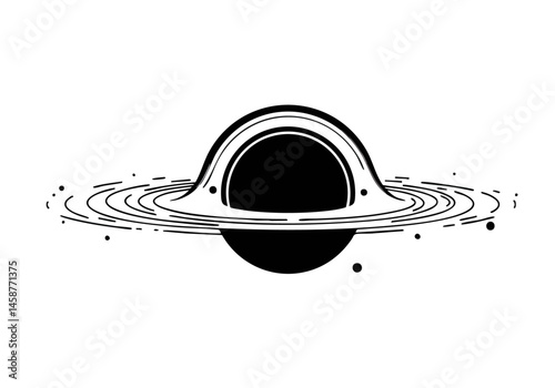 A striking black and white illustration of a black hole with swirling accretion disk. Minimalist design, perfect for tech, space, or abstract backgrounds.