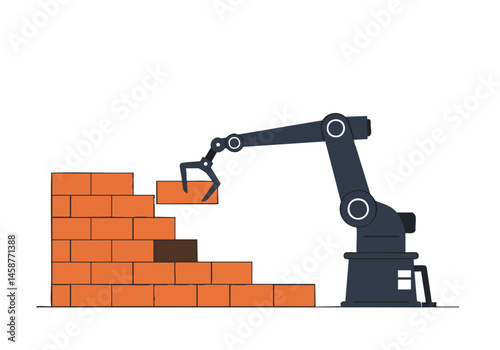 A robotic arm precisely places a brick on a growing wall. Modern, industrial illustration. Clean, graphic style.