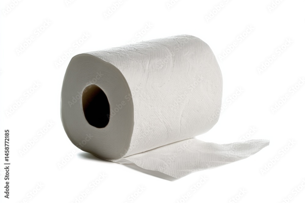 Fototapeta premium Roll of paper towels sitting on a white background with some sheets unraveling on the side ready for use