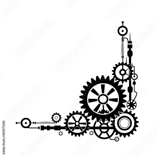 Steampunk Gears Corner Design on a Gradient Background, Vector Illustration
