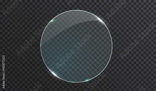 Glass circle banner with place for inscriptions. Glass plate mock up. realistic vector round frame