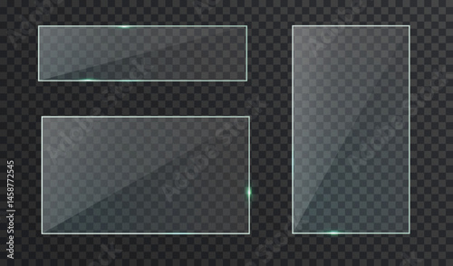 Realistic glass nameplates isolated on dark background. Transparent panel plates with glares and light.