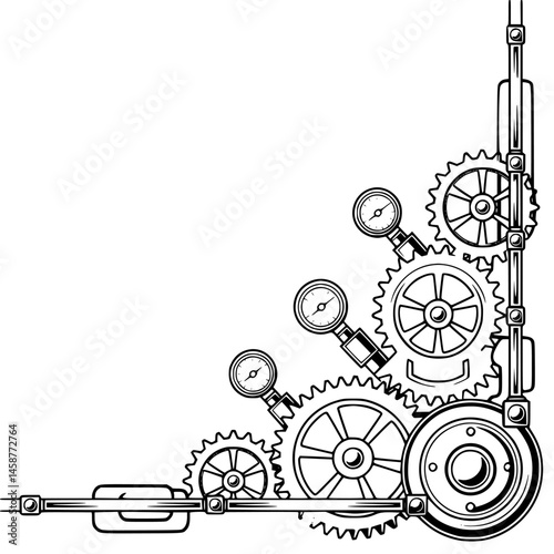 Steampunk Gear Corner Frame: Industrial Design Elements in Black & White