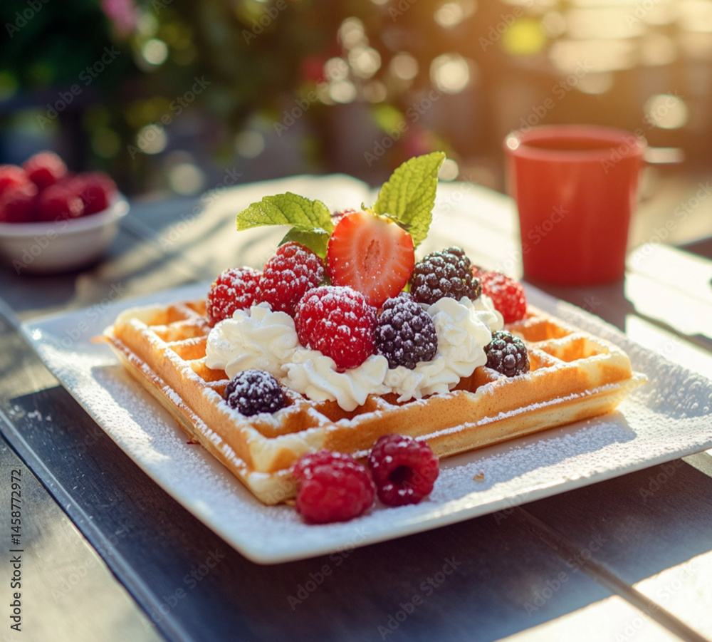 A square waffle with cream and various berries on top. On the table are some more blueberries and raspberries,placed on outdoor, Food photography, delicious.
