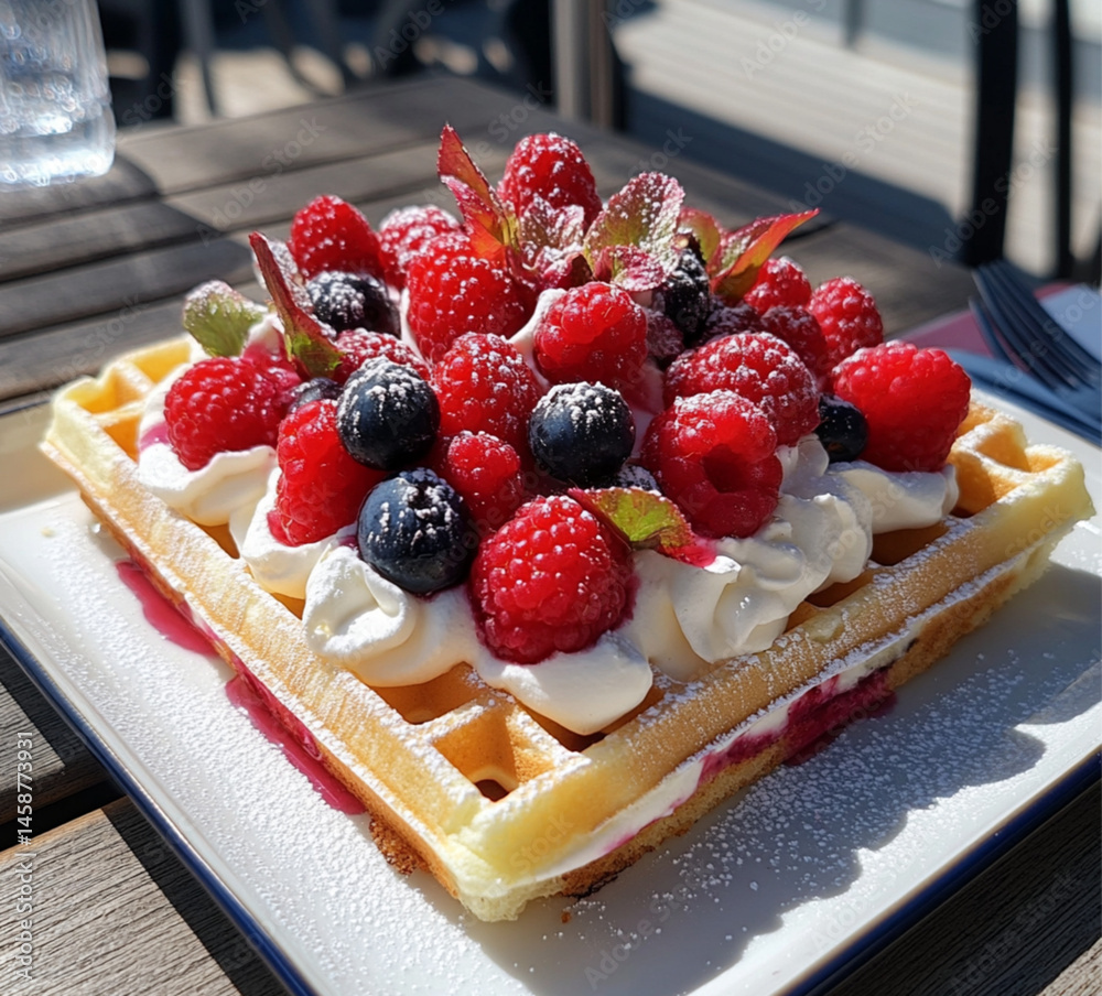 A square waffle with cream and various berries on top. On the table are some more blueberries and raspberries,placed on outdoor, Food photography, delicious.