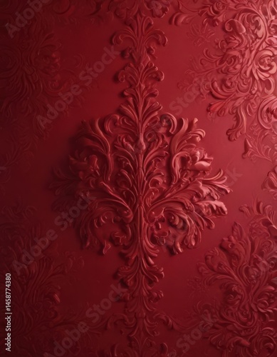 Deep crimson damask, embossed pattern, rich texture , pattern, wall covering
