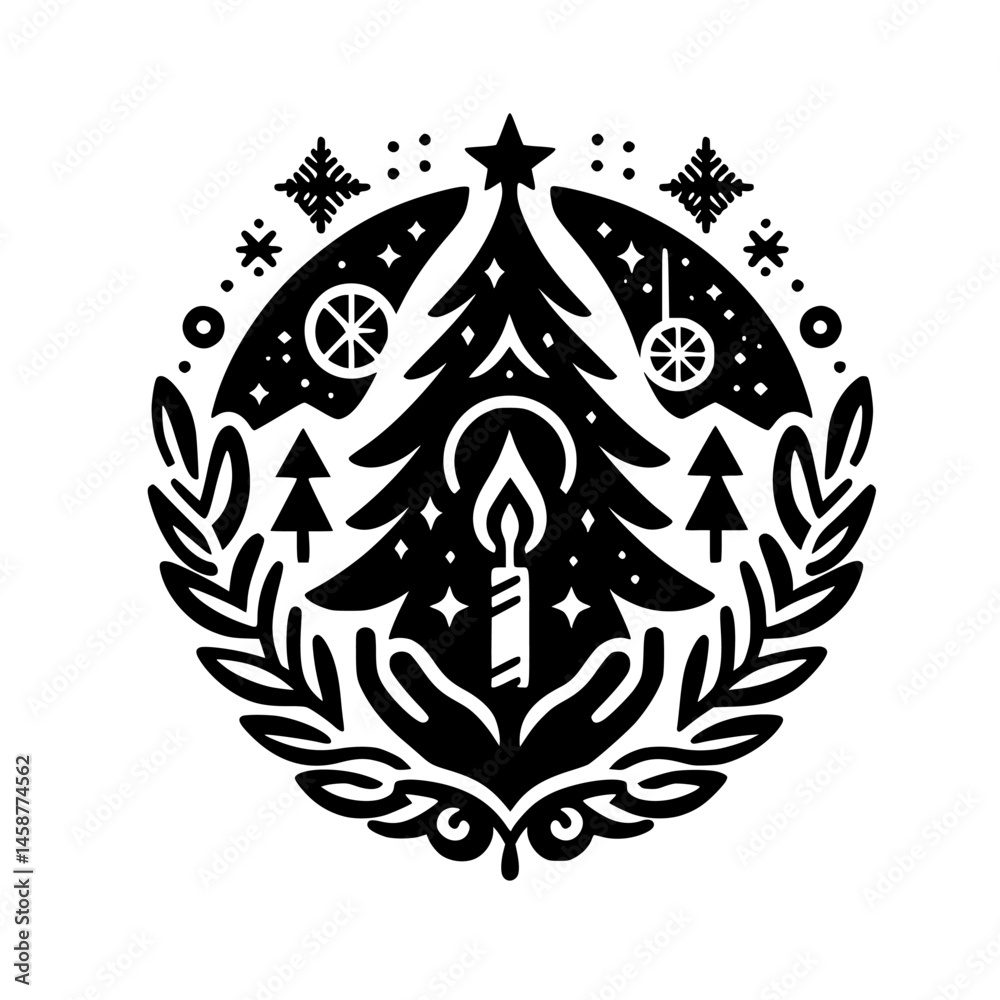 Fototapeta premium Minimalist Christmas Illustration: Candle, Tree, and Ornaments