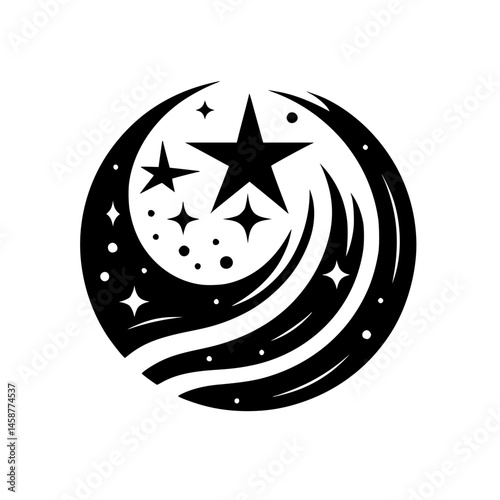 Black & White Cosmic Emblem: Stars, Circle & Swirls