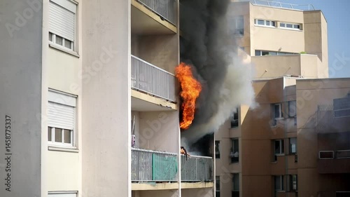 Residential building on fire, flames and smoke breaking out from the window.