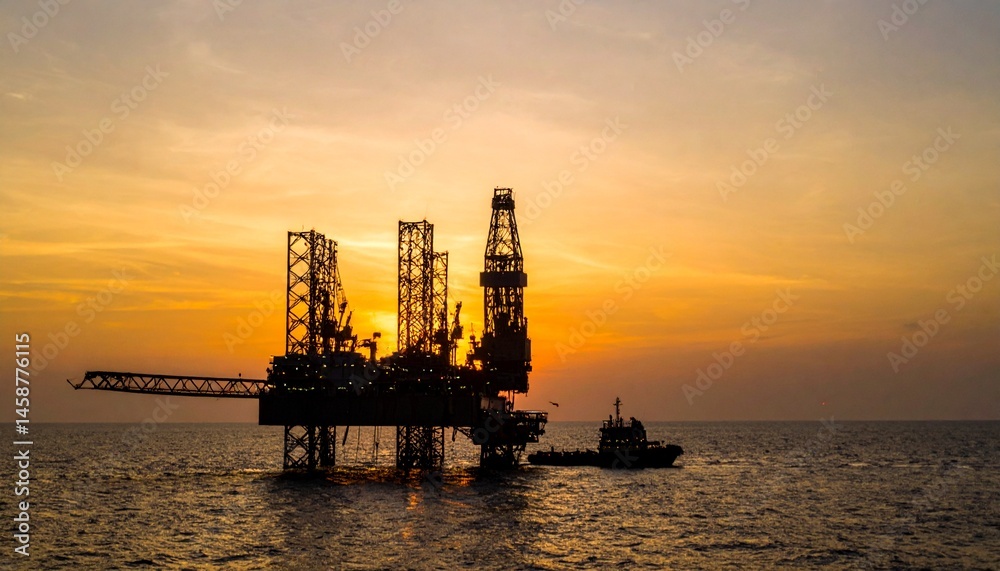 Obraz premium Silhouette of oil rig platform at sunset with small ship container nearby. 
