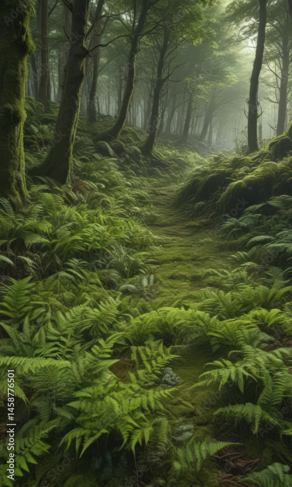 Fototapeta premium Lush green ferns and moss carpet forest floor, botanical, detail