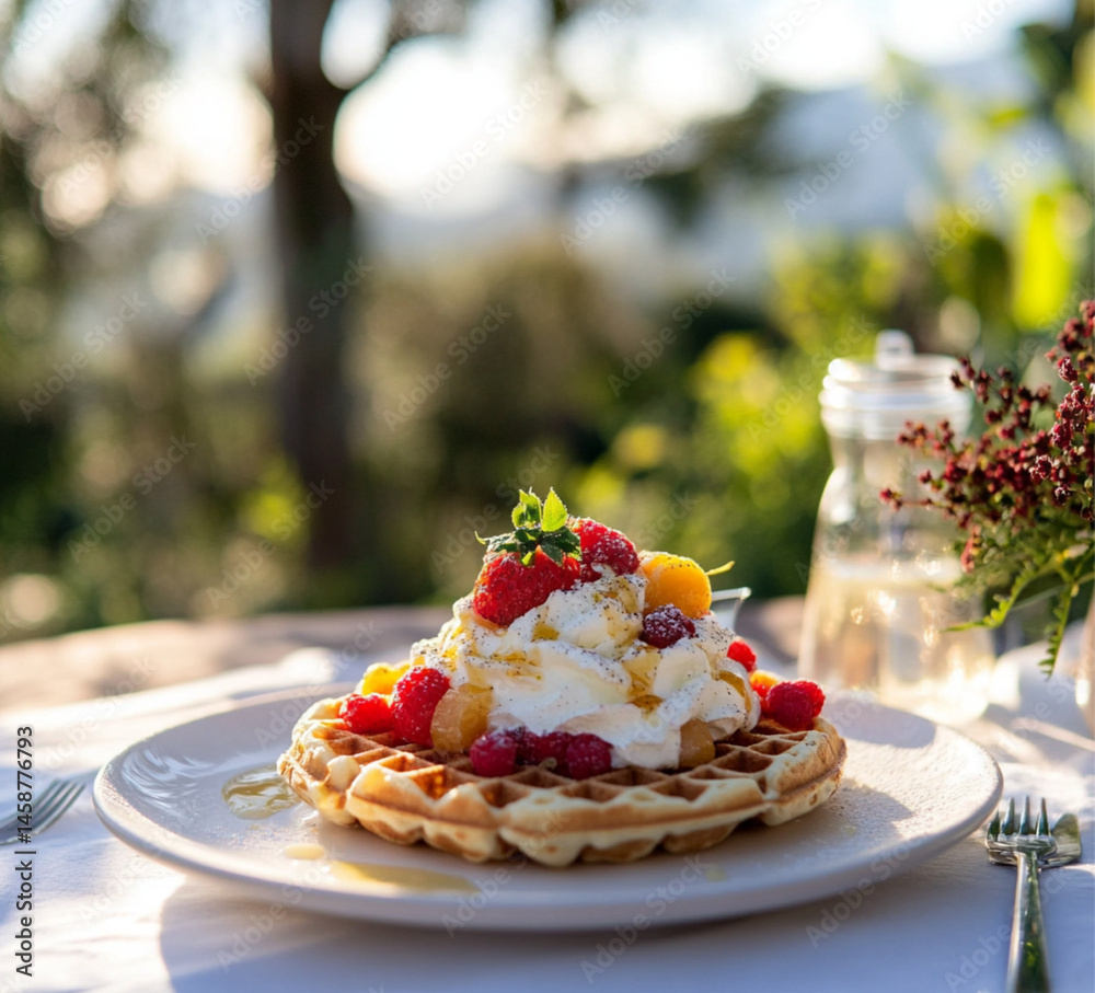 waffle with cream and various berries on top. On the table are some more blueberries and raspberries,placed on outdoor, Food photography, delicious.