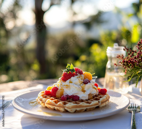 Obraz na płótnie waffle with cream and various berries on top. On the table are some more blueberries and raspberries,placed on outdoor, Food photography, delicious. w salonie