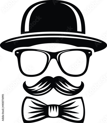 Stylish Man Hat Glasses Mustache Tie Bow silhouette vector illustration, Man Hat Glasses Mustache Tie Bow line art vector, Man Hat Glasses Mustache Tie Bow vector icon design