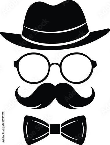 Stylish Man Hat Glasses Mustache Tie Bow silhouette vector illustration, Man Hat Glasses Mustache Tie Bow line art vector, Man Hat Glasses Mustache Tie Bow vector icon design