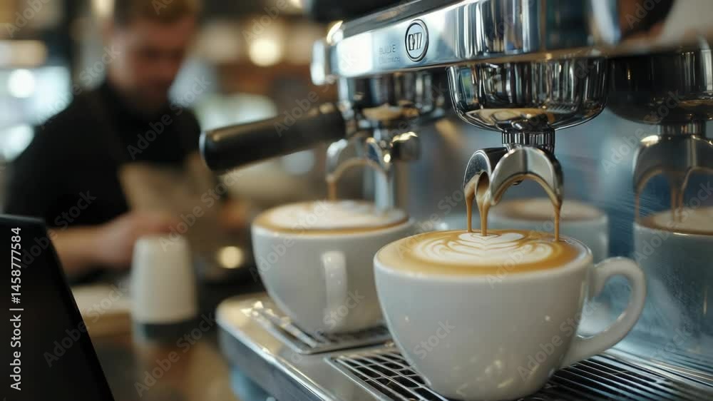 Experience Art of Brewing Barista Prepares Freshly Brewed Coffee with Beautiful Latte Art in Warm Cafe Atmosphere, Showcasing Espresso Machines and Elegant Cups.