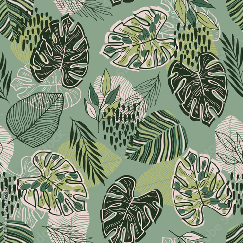 Green pattern with tropical leaves and abstract strokes. Ideal for wallpaper, surface textures, textiles.