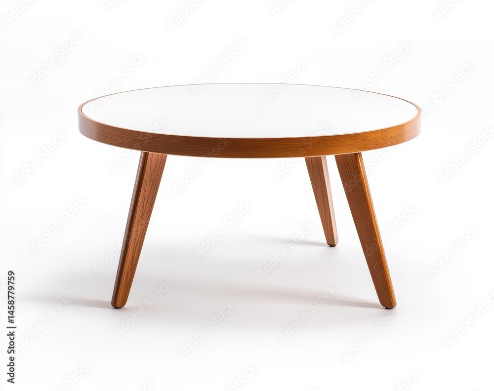 Round coffee table with a light wood base and white top Round coffee table with a light wood base and white top