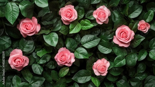 Pink Roses in a Green Bush