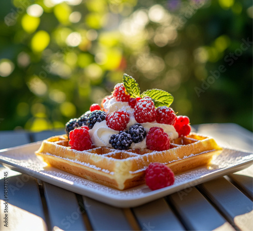 A square waffle with cream and various berries on top. On the table are some more blueberries and raspberries,placed on outdoor, Food photography, delicious.