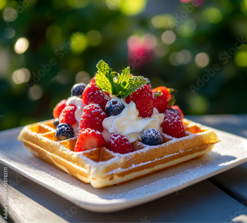A square waffle with cream and various berries on top. On the table are some more blueberries and raspberries,placed on outdoor, Food photography, delicious.