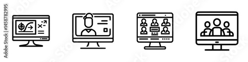 Vector illustration icons representing various online activities and communication methods for modern digital interaction