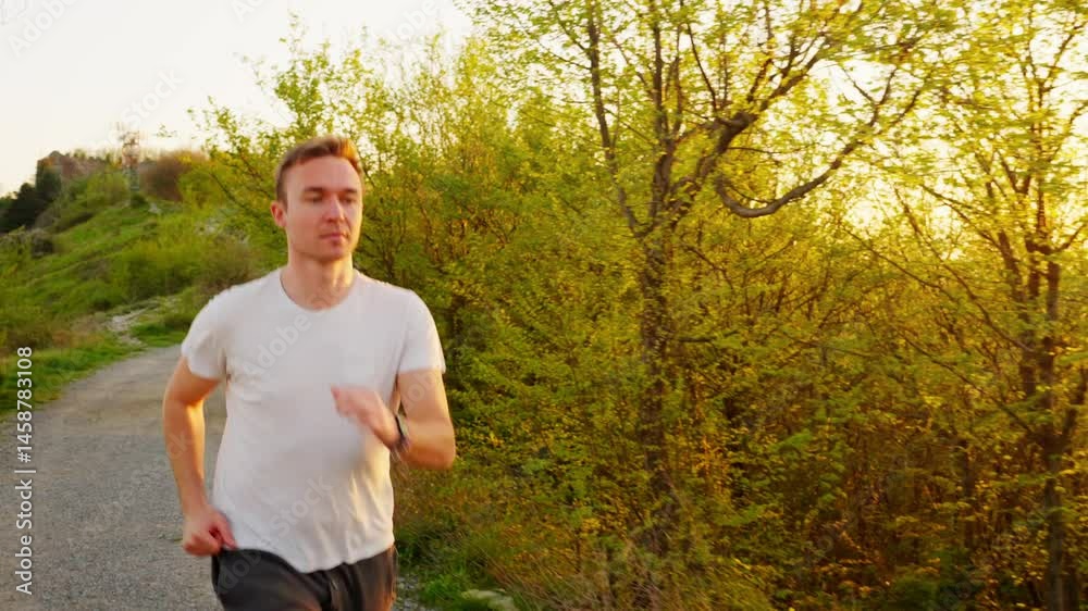 Young man running through a scenic forest path during sunset, vibrant golden light Young man running through a scenic forest path during sunset, vibrant golden light