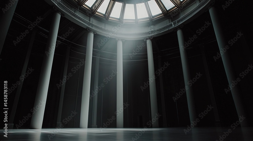 Interior view of a circular hall with tall pillars. Interior view of a circular hall with tall pillars.