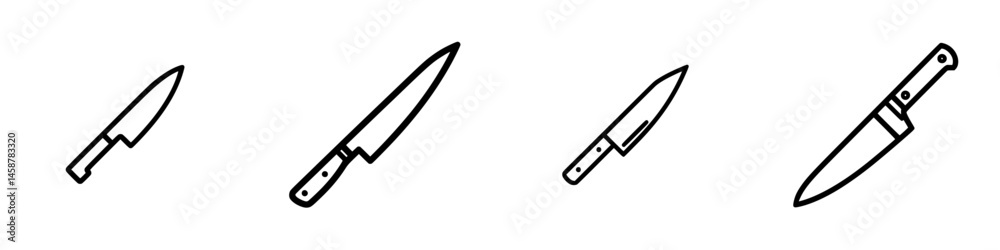 Vector illustration of various kitchen knives arranged in a row showcasing different styles and designs for culinary use Vector illustration of various kitchen knives arranged in a row showcasing different styles and designs for culinary use