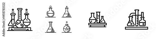 Colorful vector illustrations of laboratory glassware with beakers, flasks, and test tubes showcasing scientific experimentation