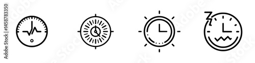 Vector illustrations of various clock icons representing time tracking, scheduling, and monitoring in a minimalist style