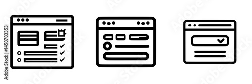Vector illustration of three distinct web page designs featuring checklists, forms, and confirmation messages for online user experience