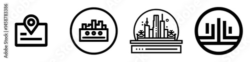 Vector illustration icons featuring location markers, urban landscapes, and abstract designs for graphic applications and digital platforms