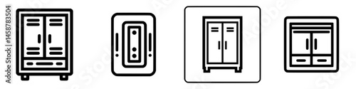 Vector illustration icons of various cabinet designs showcasing modern and minimal styles for home organization and storage solutions